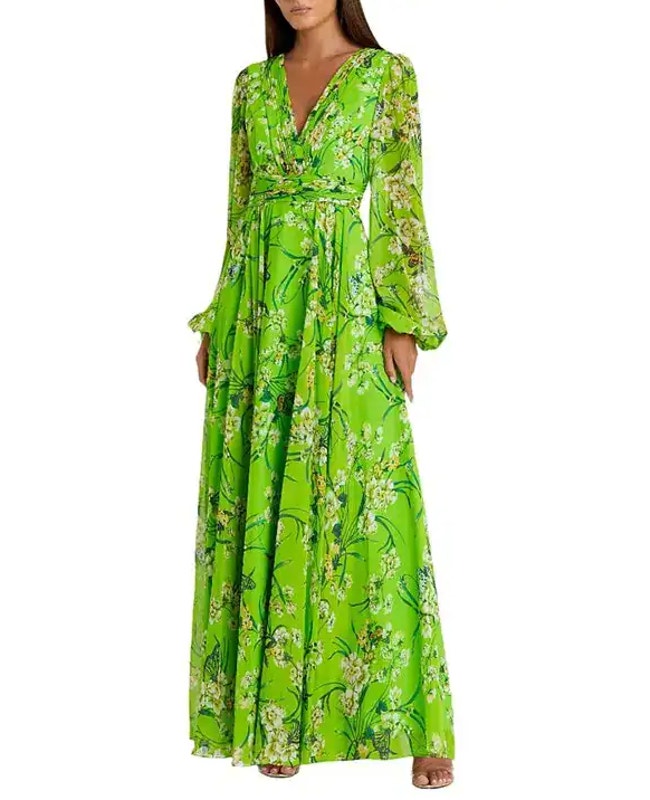 Ieena For Mac Dougal Plus Puff Sleeve Floral Chiffon Gown Green Multi Size 14